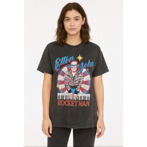 Elton John Rocket Man Rhinestones Official Merch Tee Black Multi Women's Large